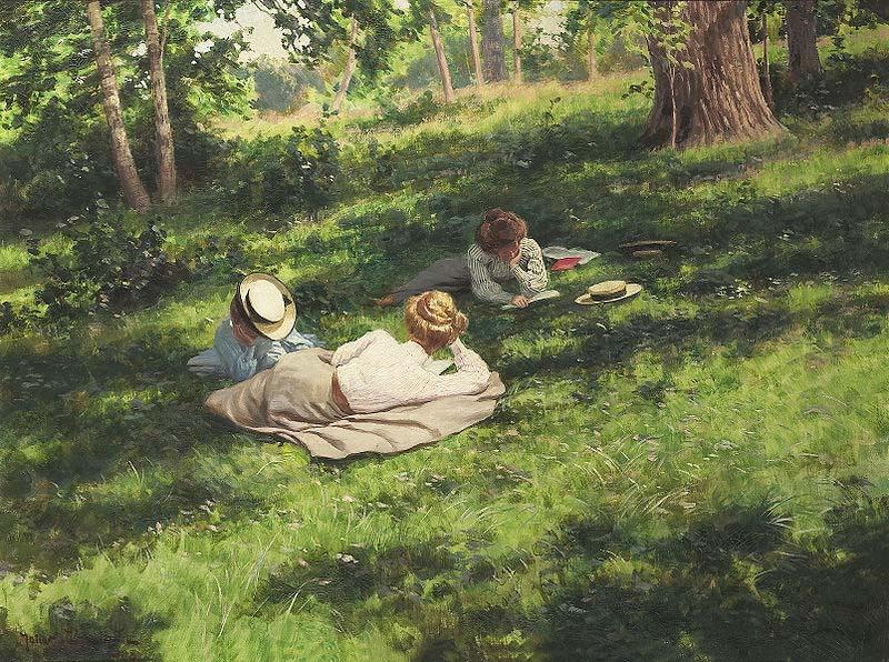 johan krouthen Three reading women in a summer landscape Norge oil painting art